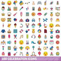 100 firande ikoner set, tecknad stil vektor