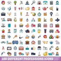 100 olika yrken ikoner set, tecknad stil vektor