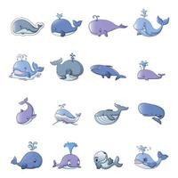 Whale Blue Tale Fish Icons Set, Cartoon-Stil vektor