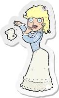 Retro-Distressed-Aufkleber einer viktorianischen Cartoon-Frau, die Taschentuch fallen lässt vektor