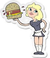 klistermärke av en tecknad servitris som serverar hamburgare vektor