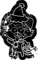 tecknad nödställd ikon av en hund med julklapp bär tomte hatt vektor