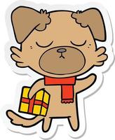 klistermärke av en söt tecknad hund med julklapp vektor