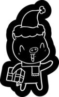 Fröhliche Cartoon-Ikone eines Schweins mit Weihnachtsgeschenk mit Weihnachtsmütze vektor
