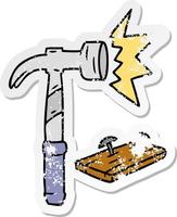 Distressed Sticker Cartoon Doodle eines Hammers und Nägel