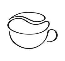 Vektorkalligrafie Kaffee- oder Teetasse und stilisierte Bohne. kalligrafische konzeptillustration in schwarz-weiß. handgezeichnetes design für logo, symbolcafé, menü, textilmaterial vektor