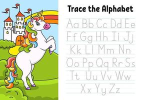 skriva brev. spårningssida med enhörning. övningsblad. arbetsblad för barn. lära sig alfabetet. söt karaktär. färg vektor illustration. tecknad stil.