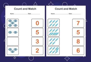 Arbeitsblatt zum zählen und abgleichen für kinder. zählen und mit der richtigen Zahl kombinieren. passendes Lernspiel. vektor