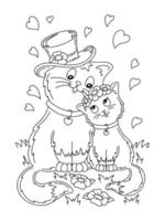 söta katter par i kärlek. målarbok sida för barn. seriefigur. vektor illustration isolerad på vit bakgrund. alla hjärtans dag.