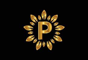 initial p monogram bokstav alfabetet med gyllene blad krans. blomma logotyp designkoncept vektor