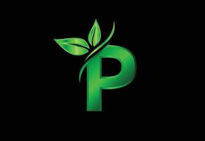 initial p monogram alfabet med två blad. grönt miljövänligt logotypkoncept. logotyp för ekologiska vektor