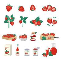 uppsättning röda jordgubbar och produkt från den. bär i låda, skål och på träskiva, burk med sylt, förpackning, flaska, glas och kanna juice, burkar med frukt. platt vektor illustration
