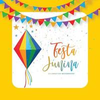 festa junina brasilien festivalkarte auf dekorativem partyflaggenhintergrund vektor