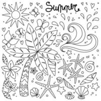 Vektorillustrationen, verschiedene Elemente im Doodle-Stil - Palmen, Wellen, Schmetterlinge, Blumen, Meer, Sonne, Sterne, Muscheln vektor