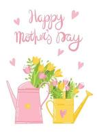 Vektorkarte in zarten rosa und gelben Farben - die Aufschrift Happy Mother's Day, eine schöne Gießkanne mit Tulpen und grünen Blättern und Zweigen, Herzen. Postkarte, Poster, Bannerdruck-Kit vektor