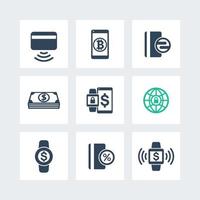 moderna betalningsmetoder ikoner set, betalning med bärbara enheter vektor tecken, kontaktlöst kort piktogram isolerad på vitt, vektor illustration