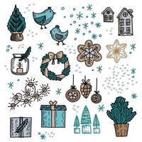 Vektor-Doodle großer Satz von Weihnachts- und Neujahrselementen in blauer Farbe - Kranz, Vögel, Kerze, Girlande, Schachteln mit Geschenken, Häuser, Schnee und Lebkuchen vektor