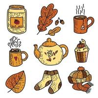 Herbst-Scrapbook-Paket, gemütliche Herbstsymbole oder Aufkleber mit Becher, Tasse, Wasserkocher, Kuchen und Blättern. Socken und warme Mütze und Schal-Vektor-Set vektor