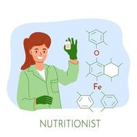 Ernährungsberater wählen individuelle Ergänzungsformel. Pharmakologie und Arzneimittelforschung, Pilleninnovation. gesundheitsbehandlung mit ernährung, laborarbeiter, der pillenbehälter hält, vektorillustration vektor