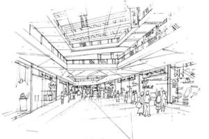 Mall-Skizzenzeichnung, Modegeschäfte und Menschen, die herumlaufen., modernes Design, Vektor, 2D-Illustration vektor