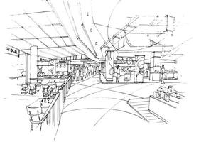 Korridorbereich des Einkaufszentrums Die Restaurants und Geschäfte skizzieren Zeichnung, modernes Design, Vektor, 2D-Illustration