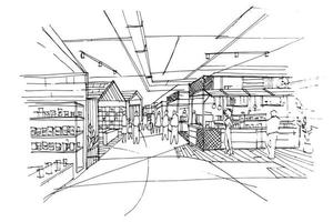 Korridorbereich des Einkaufszentrums Die Restaurants und Geschäfte skizzieren Zeichnung, modernes Design, Vektor, 2D-Illustration