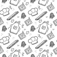 sömlösa mönster av handritade element. kockverktyg och klädmössa, ugnsvantar och matskärbräda. doodle stil vektorillustration vektor