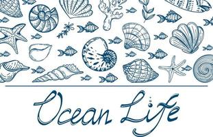 banner med silhuetter av havsdjur på vit bakgrund. bra design för reklam. bokstäverna är handgjorda. havets liv. snäckor, fiskar, sjöstjärnor och tång. handritade element vektor