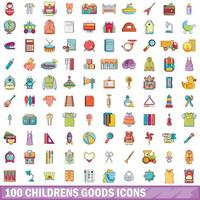 100 Kinderwaren-Icons Set, Cartoon-Stil vektor