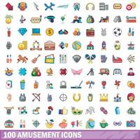 100 nöjen ikoner set, tecknad stil vektor