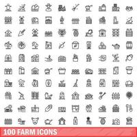 100 gård ikoner set, kontur stil vektor