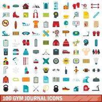 100 Fitnessstudio-Journal-Icons gesetzt, flacher Stil vektor