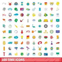 100 tid ikoner set, tecknad stil vektor