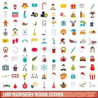 100 Kinderzimmer-Buch-Icons gesetzt, flacher Stil vektor