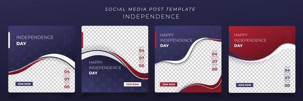 Set von Social-Media-Post-Vorlagen mit blauem, rotem und weißem Hintergrund für uns zum Unabhängigkeitstag vektor