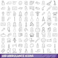 100 ambulansikoner set, konturstil vektor