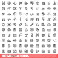 100 medicinska ikoner set, konturstil vektor