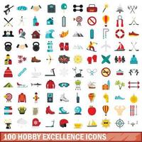 100 Hobby Excellence Icons Set, flacher Stil vektor
