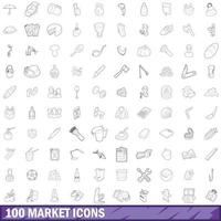 100 Marktsymbole gesetzt, Umrissstil vektor