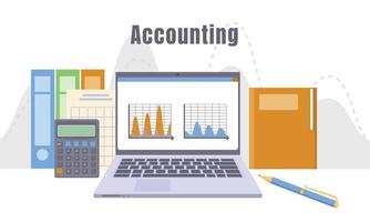Accounting-Laptop-Konzepthintergrund, flacher Stil vektor
