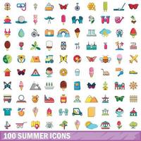 100 sommar ikoner set, tecknad stil vektor