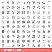 100 drinkikoner set, konturstil vektor