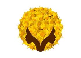 Logo rundes Design Afroamerikanerin Gesicht Porträt mit Blumen lockiges Afro-Haar. Frauenprofil-Frisurschattenbild des gelben Gänseblümchenturbans auf dem weißen Hintergrund. vektorillustration isoliert vektor