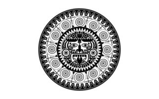 Heiliger Maya-Sonnengott, aztekischer Radkalender, Maya-Symbole ethnische Maske, schwarze Tätowierung runder Rahmenrand alte Logo-Symbol-Vektorillustration isoliert auf weißem Hintergrund vektor