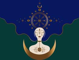 Freya-Göttin, skandinavische nordische Mythologie, verbunden mit Liebe, Schönheit, Fruchtbarkeit, Sex, Krieg, Gold. Freyja regiert über ihr himmlisches Feld, Vektor isoliert auf grünem und blauem Hintergrund