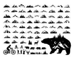 vintage berg abenteuer camping bär fahrrad hirsch natur berge hügel landschaft silhouette logo vektor illustration set