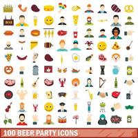100 Bierparty-Icons gesetzt, flacher Stil vektor