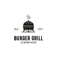 Holzkohlegrillkessel mit Burgerbrötchen zum Grillen. Burger-Grill-Logo-Jahrgang vektor