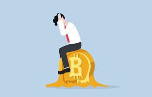 fallender bitcoin- oder kryptowährungspreis, falsche spekulationen in digitalen vermögenswerten führen dazu, dass investoren geld verlieren, fluktuation und unsicherheitskonzept. depressiver geschäftsmann, der auf schmelzendem bitcoin sitzt.