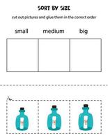 sortera flaskor med anteckningar efter storlek. pedagogiskt arbetsblad för barn. vektor